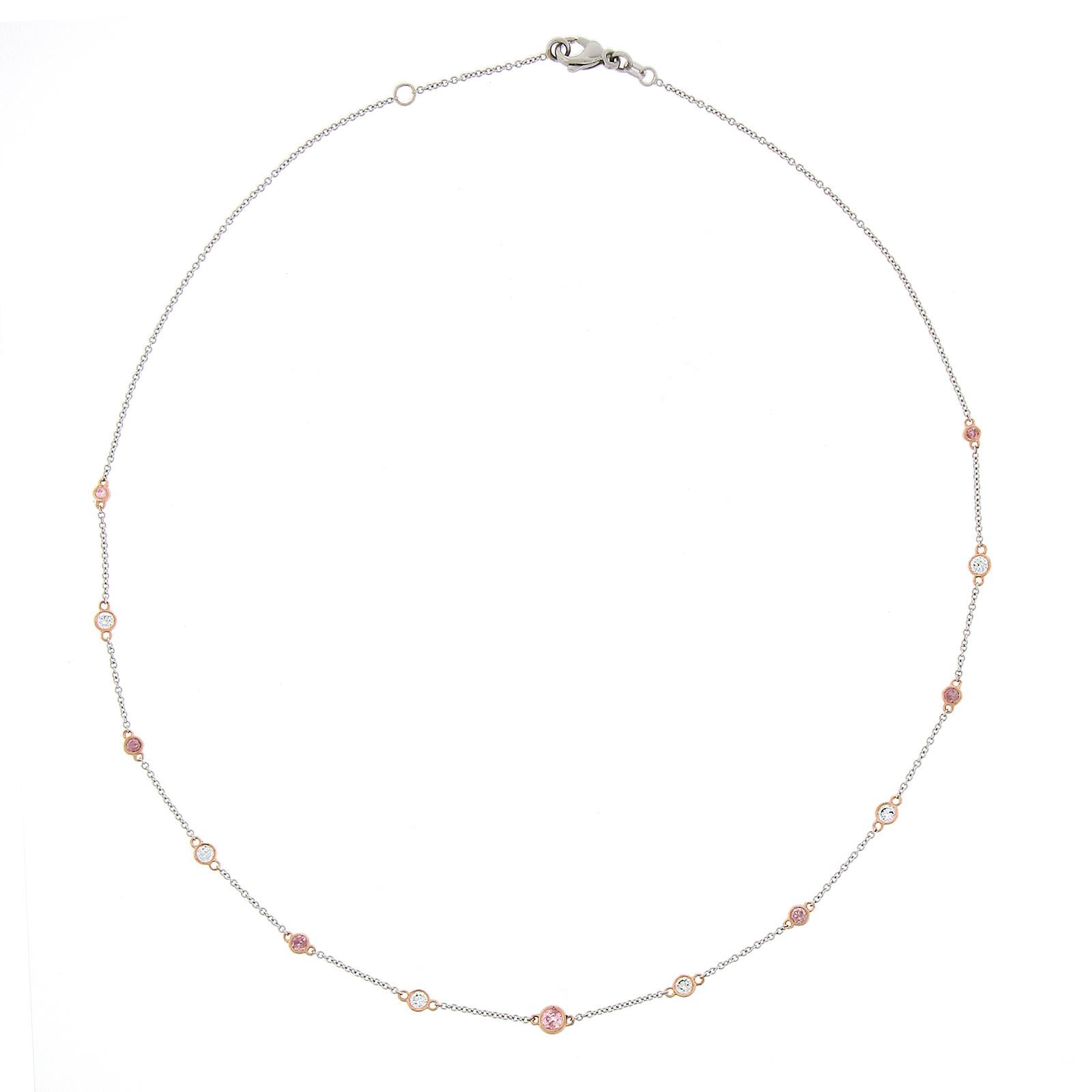 Round Cut Platinum & Rose Gold GIA 1.1ctw Pink & White Diamond By the Yard Chain Necklace For Sale