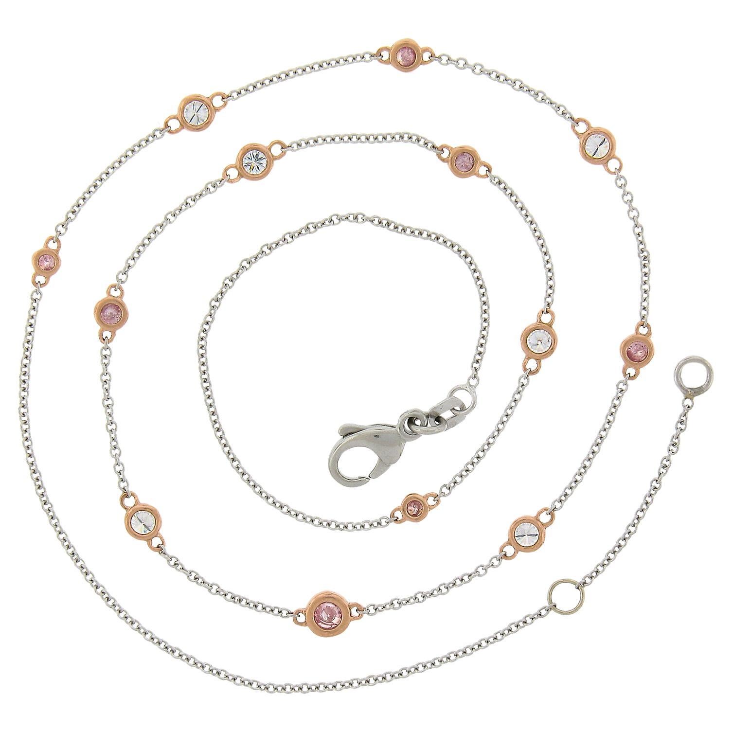 Platinum & Rose Gold GIA 1.1ctw Pink & White Diamond By the Yard Chain Necklace For Sale