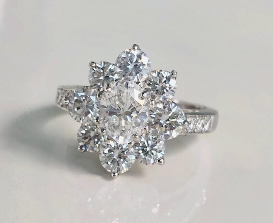 Oval Cut Platinum Rosette Diamond Ring, Oval Center Diamond For Sale