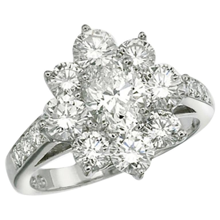 Platinum Rosette Diamond Ring, Oval Center Diamond For Sale