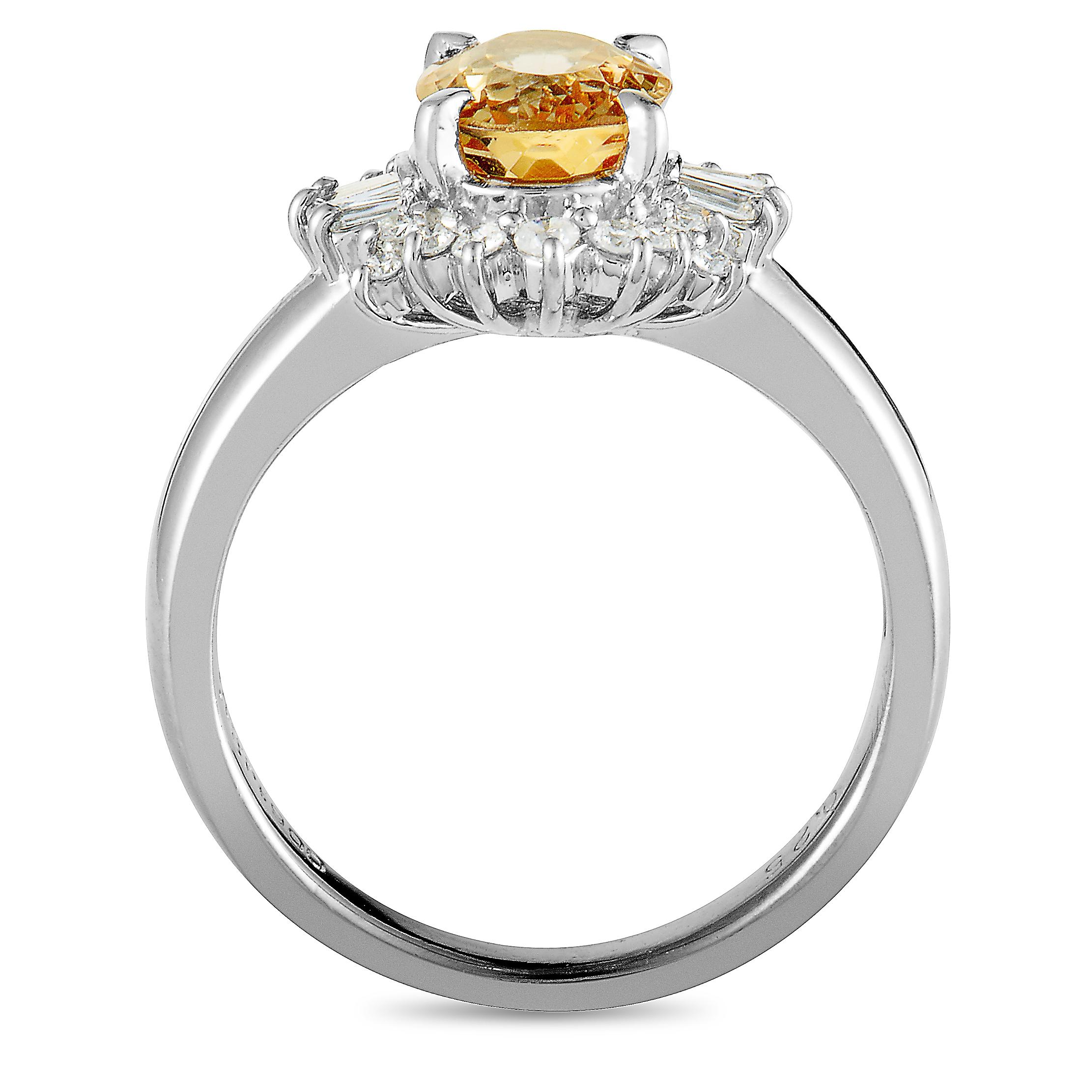 A vision of lustrous elegance, this classy ring is made of prestigious platinum and embellished with an alluring imperial topaz and with a plethora of dazzling diamonds. The topaz weighs 1.43 carats and the diamonds amount to 0.25 carats.
 Ring Top