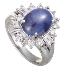 Platinum Round and Baguette Diamonds and Sapphire Cabochon Oval Ring