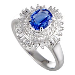 Platinum Round and Baguette Diamonds and Sapphire Oval Ring