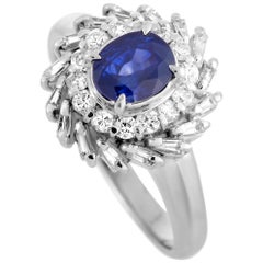 Platinum Round and Baguette Diamonds and Sapphire Ring Platinum Round and Baguette Diamonds and Sapphire Ring