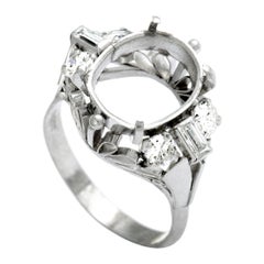 Platinum Round and Baguette Diamonds Oval Mounting Ring