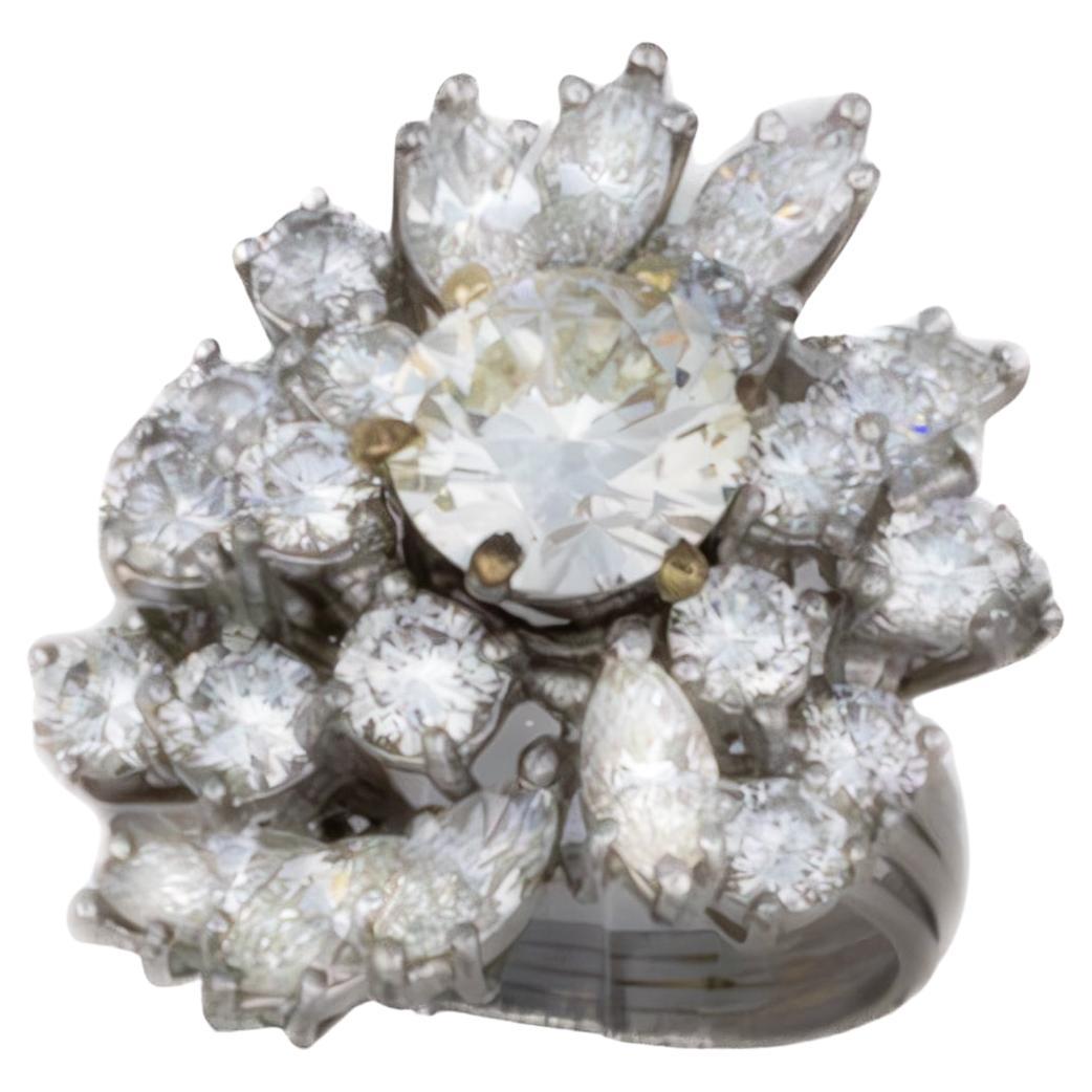 Platinum Round and Marquise Diamond Cluster Cocktail Ring For Sale