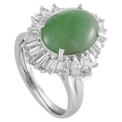 Platinum Round and Oval Baguette Diamonds and Oval Jade Band Ring
