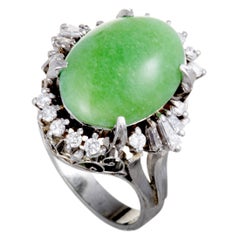 Platinum Round and Tapered Baguette Diamond and Green Jade Ring