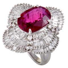 Platinum Round and Tapered Baguette Diamond and Pink Tourmaline Ring