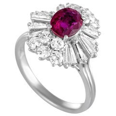 Platinum Round and Tapered Baguette Diamond and Ruby Cushion Ring