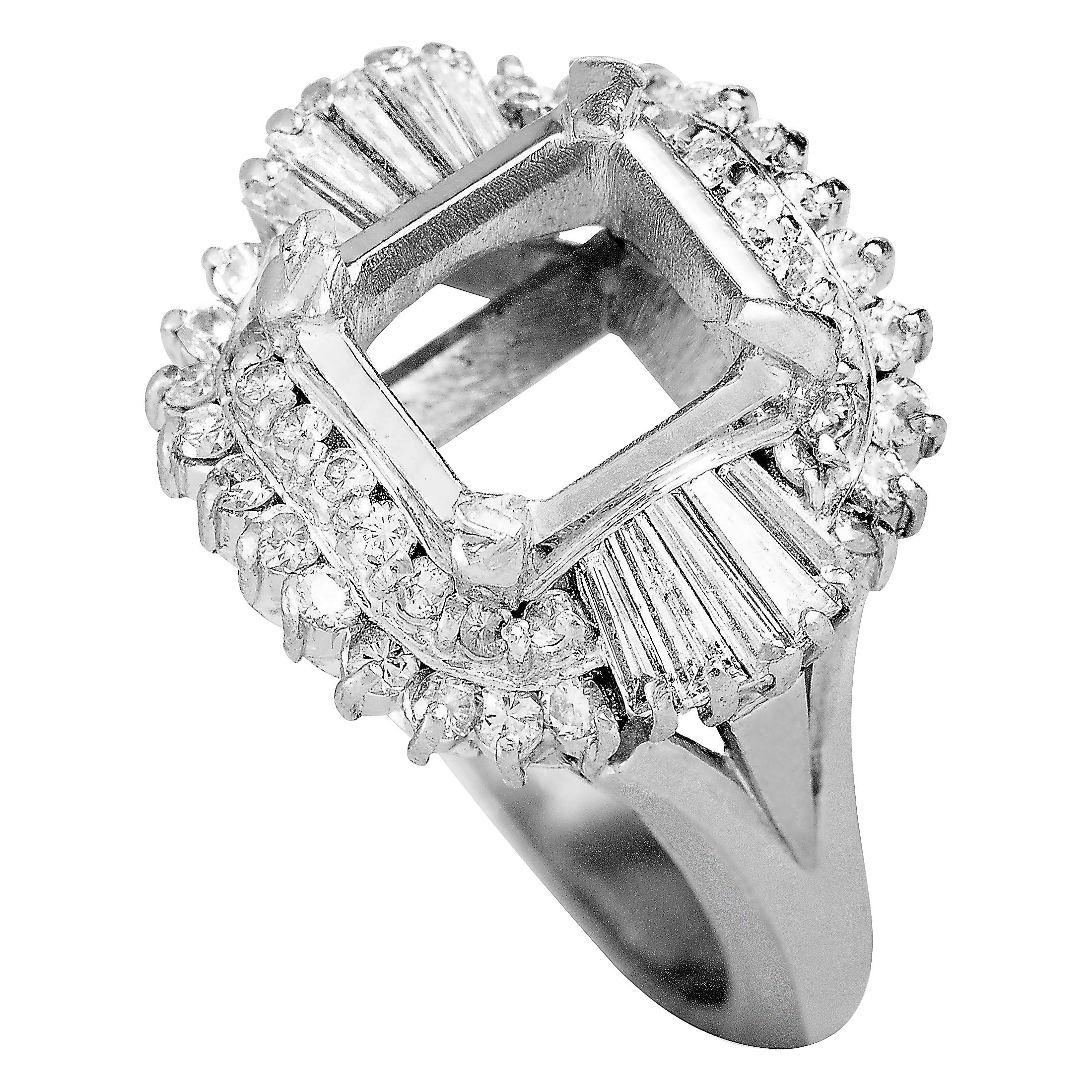 Platinum Round and Tapered Baguette Diamond Mounting Ring at 1stDibs