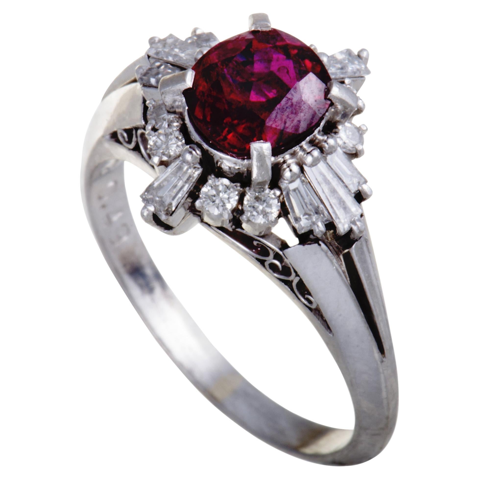 Platinum Round and Tapered Baguette Diamond Ruby Ring