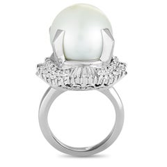 Platinum Round and Tapered Baguette Diamonds and Pearl Ring