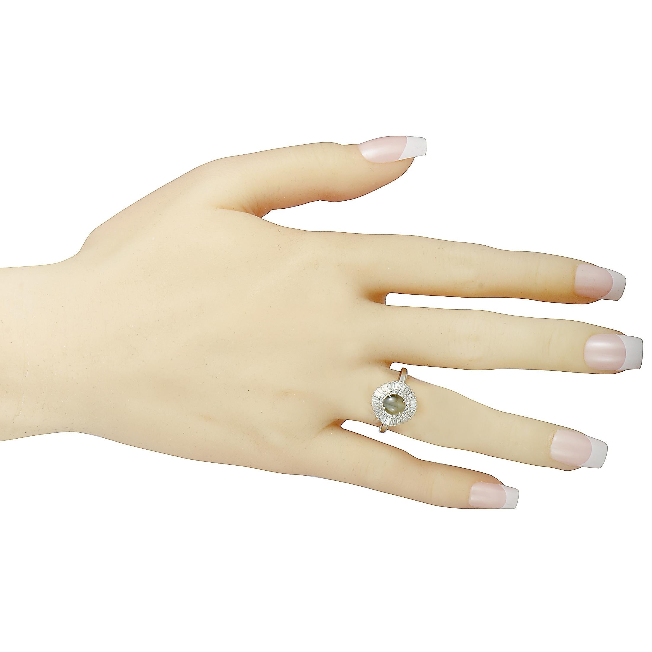 Women's Platinum Round and Tapered Baguette Diamonds and Cat's Eye Oval Ring