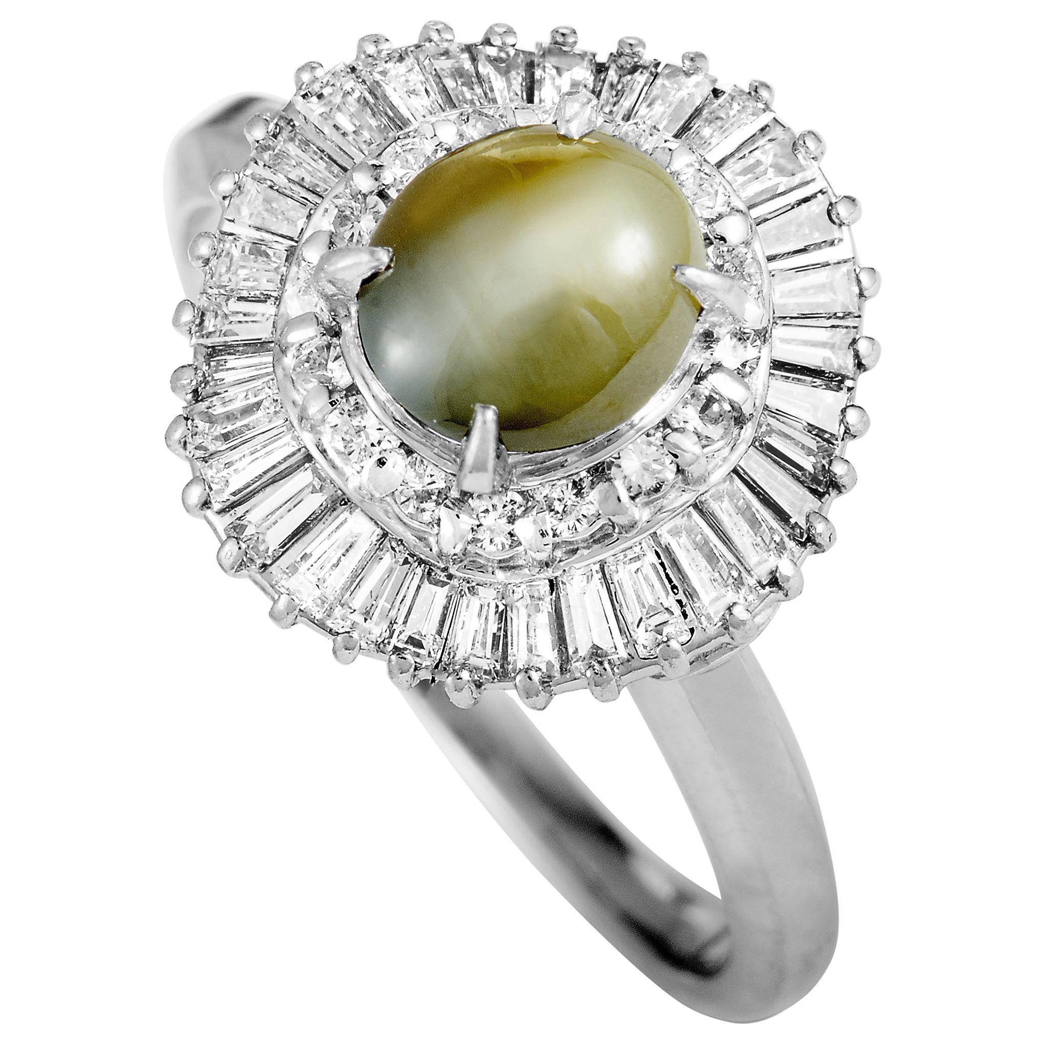 Platinum Round and Tapered Baguette Diamonds and Cat's Eye Oval Ring