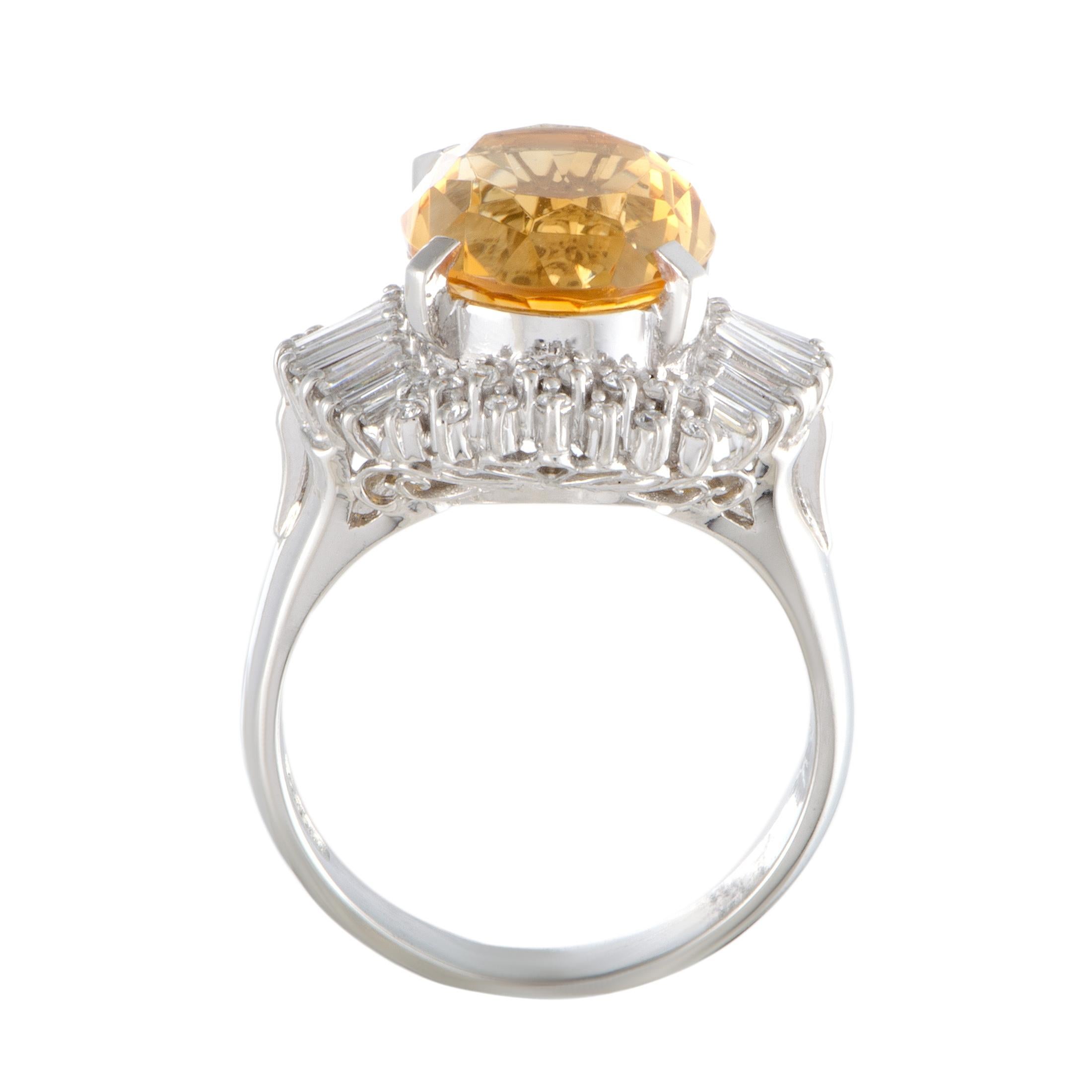 The diversely cut diamonds that are beautifully set against the prestigiously gleaming platinum create a perfect pedestal for the enticingly resplendent citrine in this majestic ring. The citrine weighs 4.63 carats, while the diamonds amount to 0.44