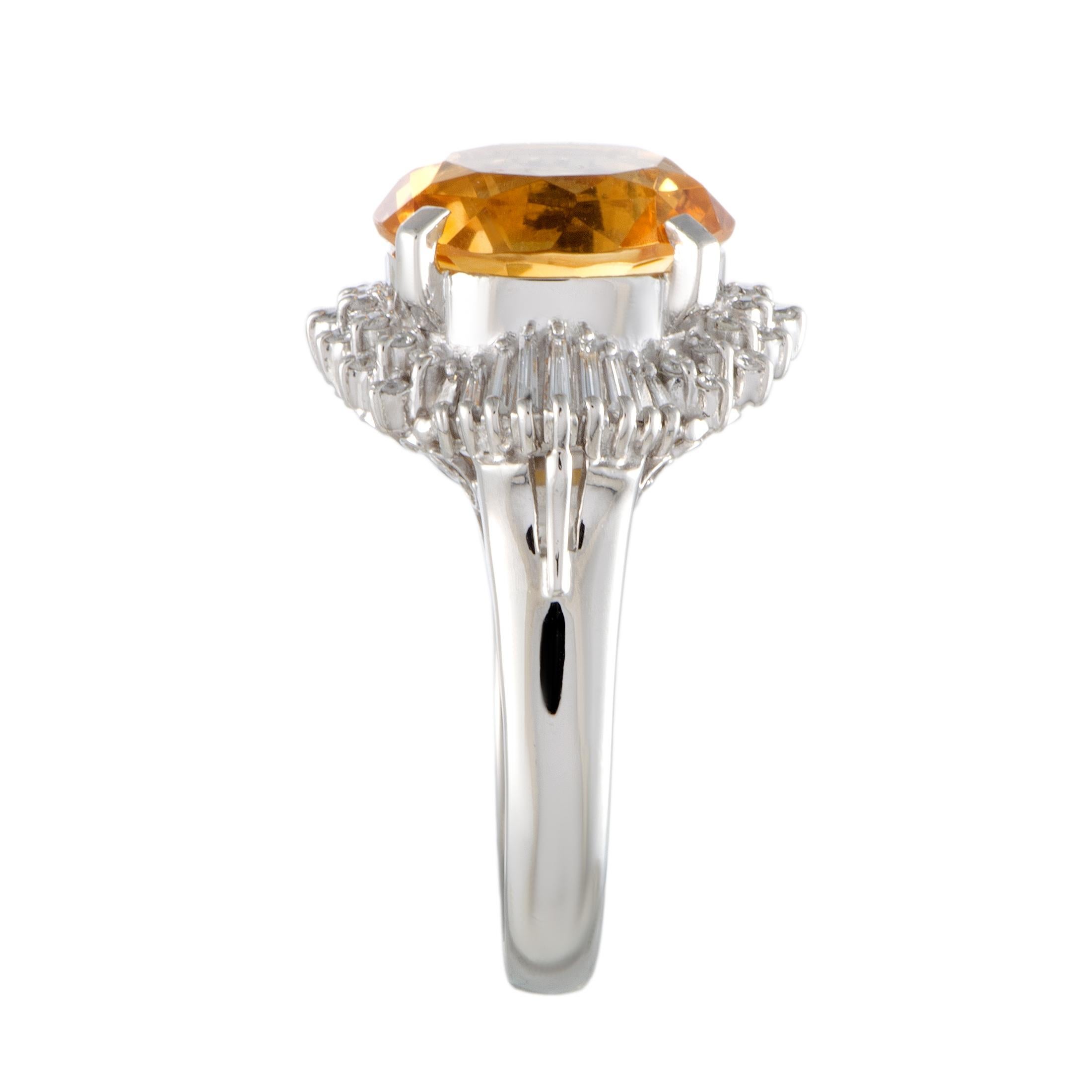 Platinum Round and Tapered Baguette Diamonds and Citrine Oval Ring In Excellent Condition In Southampton, PA