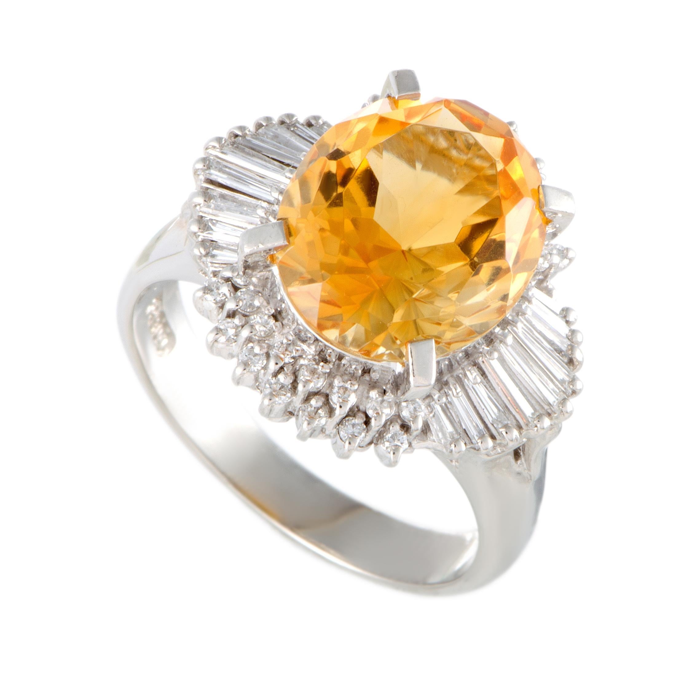 Platinum Round and Tapered Baguette Diamonds and Citrine Oval Ring