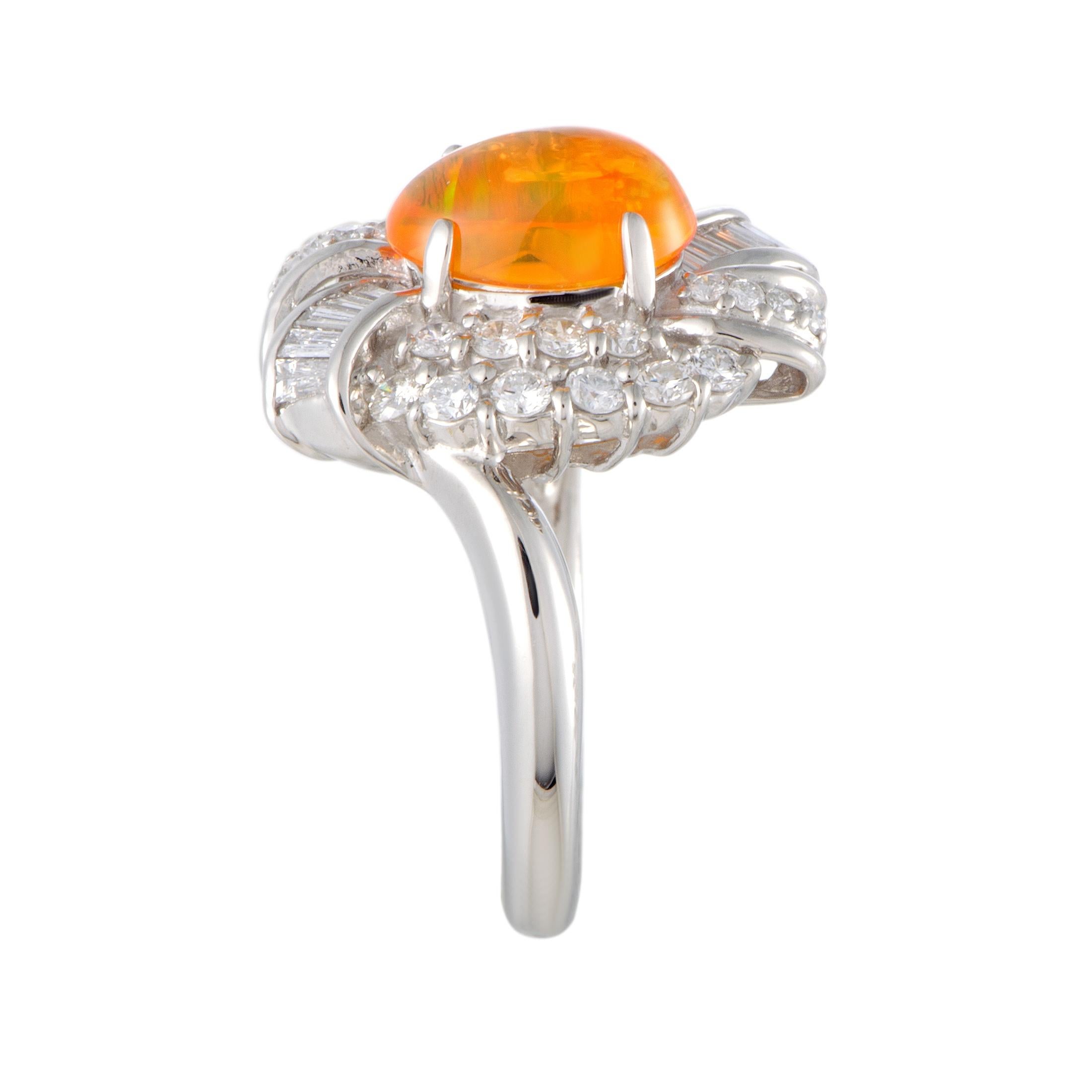 Platinum Round and Tapered Baguette Diamonds and Fire Opal Oval Ring In Excellent Condition In Southampton, PA