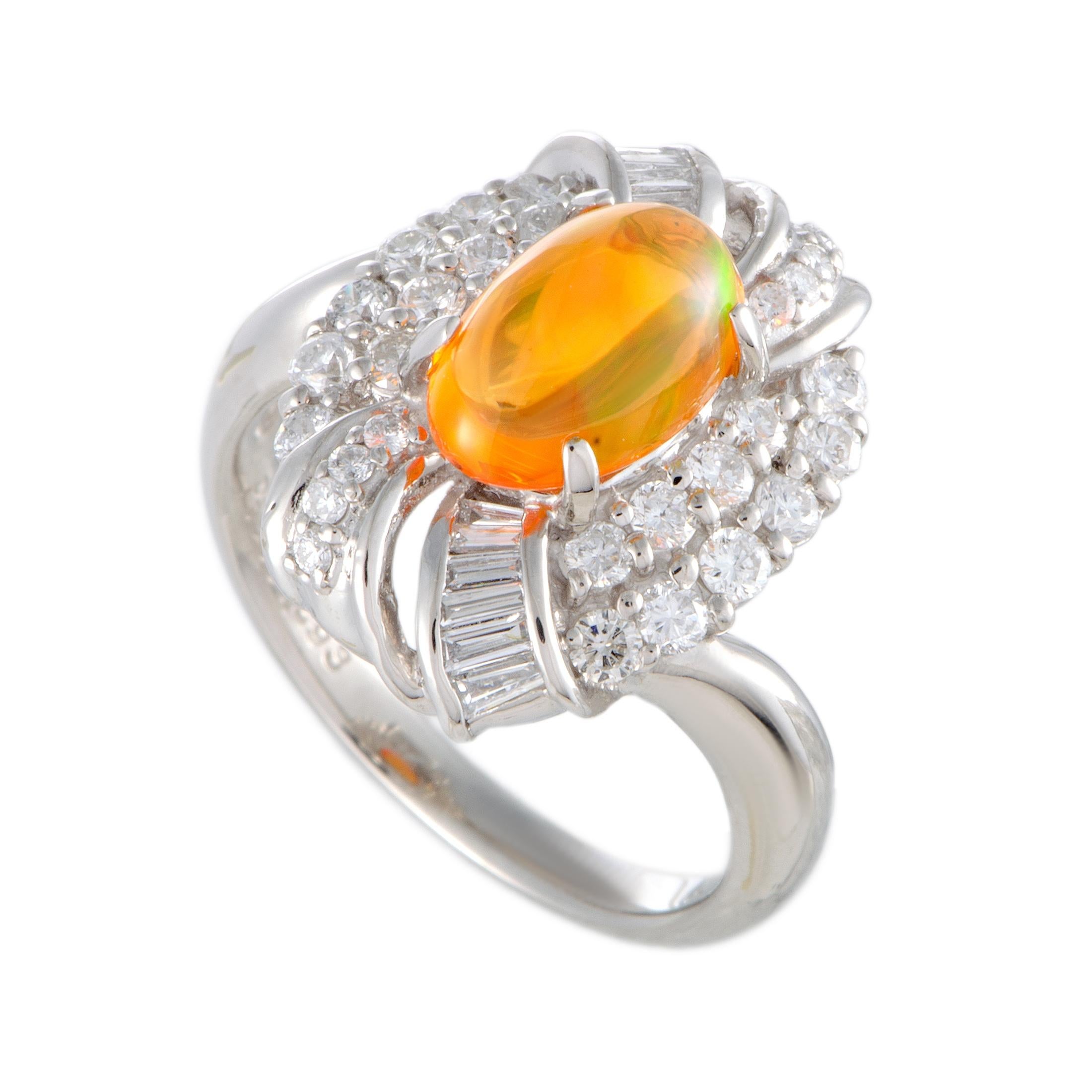 Platinum Round and Tapered Baguette Diamonds and Fire Opal Oval Ring