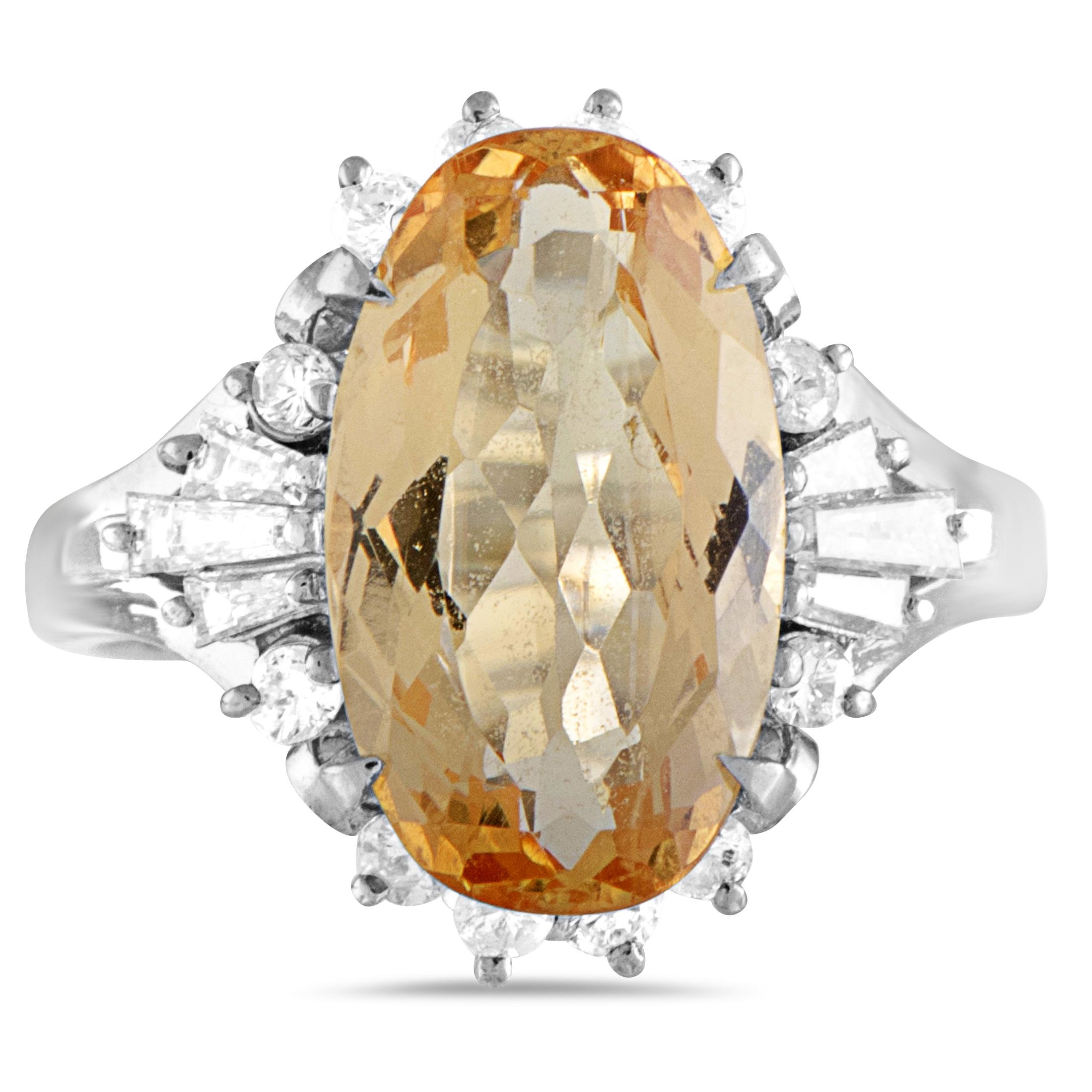 Women's Platinum Round and Tapered Baguette Diamonds and Imperial Orange Oval Topaz Ring