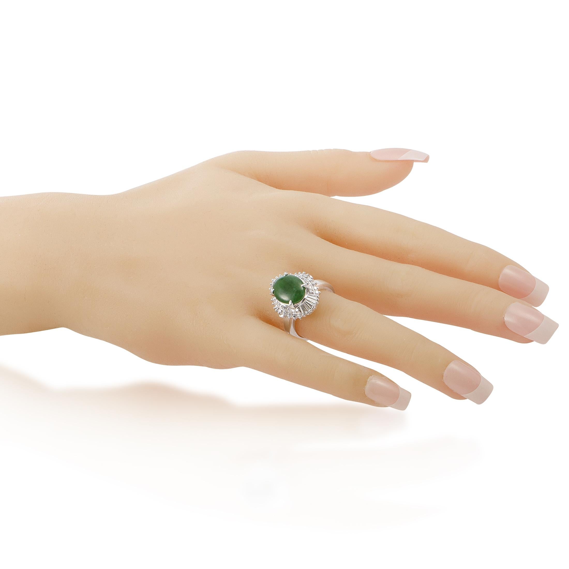 Women's Platinum Round and Tapered Baguette Diamonds and Jade Oval Ring