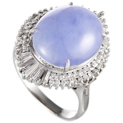 Platinum Round and Tapered Baguette Diamonds and Jade Oval Ring