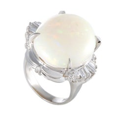 Platinum Round and Tapered Baguette Diamonds and Milky Opal Large Oval Ring