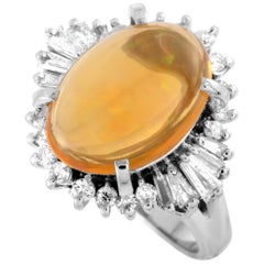 Platinum Round and Tapered Baguette Diamonds and Opal Ring