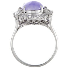 Platinum Round and Tapered Baguette Diamonds and Oval Purple Jade Ring