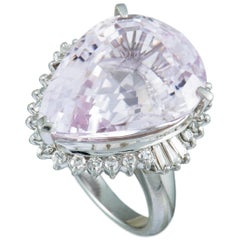 Platinum Round and Tapered Baguette Diamonds and Pear Kunzite Ring