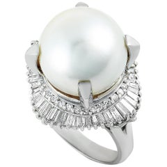 Platinum Round and Tapered Baguette Diamonds and Pearl Ring