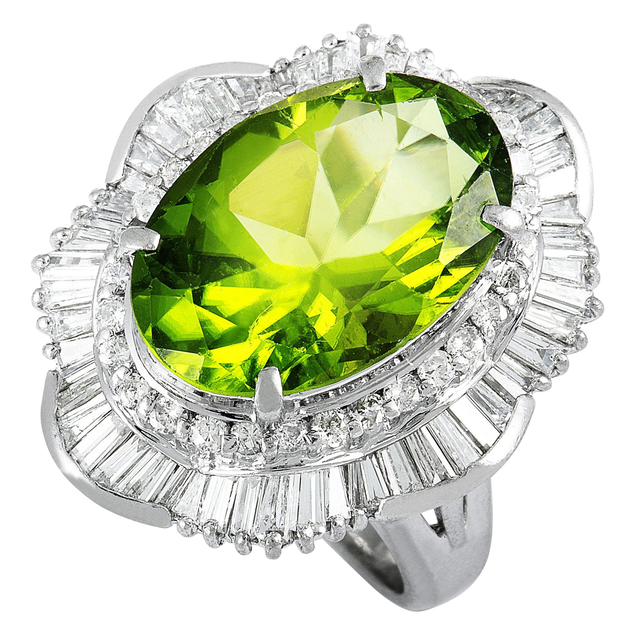 Platinum Round and Tapered Baguette Diamonds and Peridot Large Oval Ring