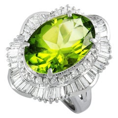 Platinum Round and Tapered Baguette Diamonds and Peridot Large Oval Ring