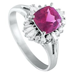 Platinum Round and Tapered Baguette Diamonds and Pink Tourmaline Ring