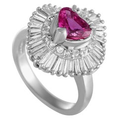 Platinum Round and Tapered Baguette Diamonds and Ruby Heart Ring