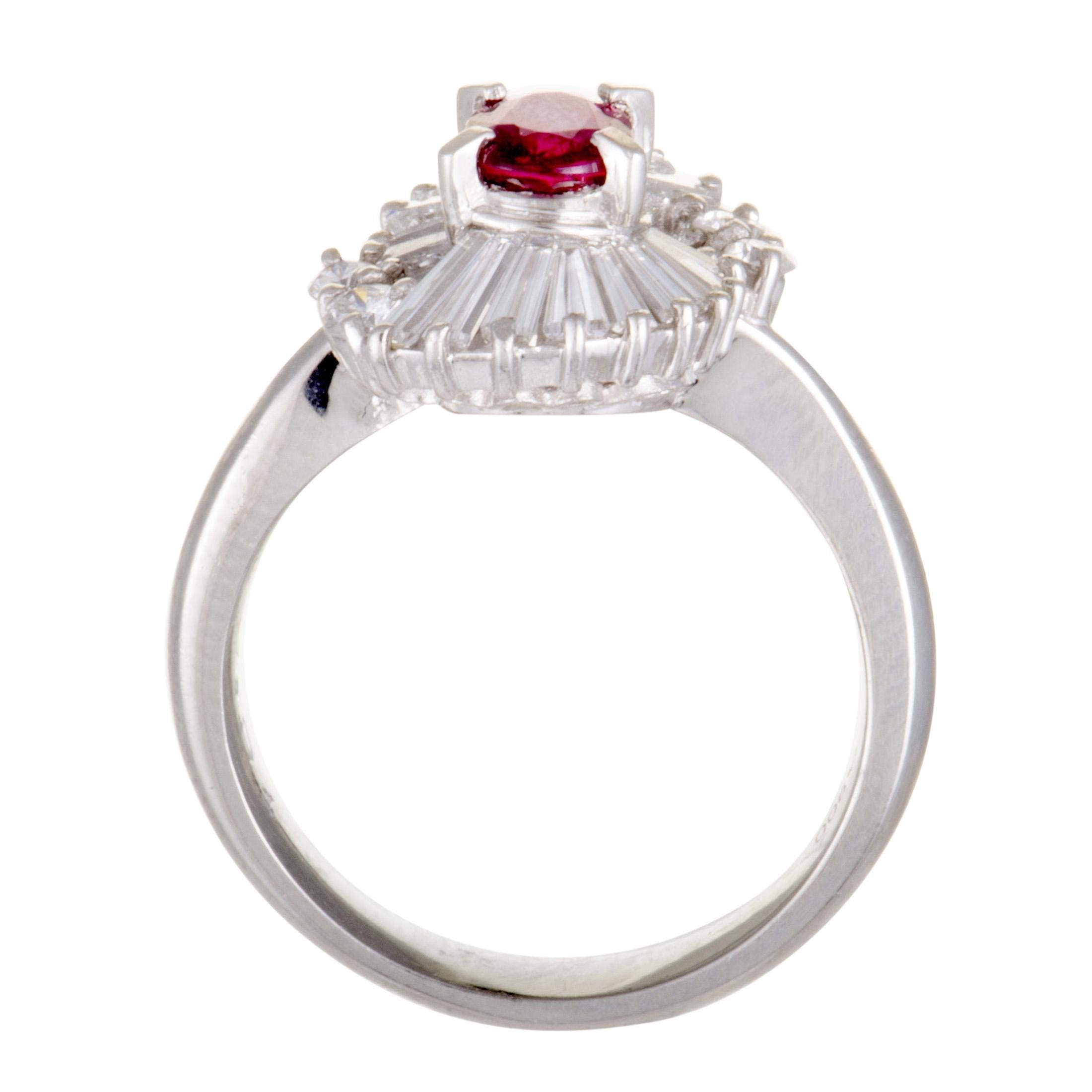 The diversely cut diamond stones that are expertly set against the elegant platinum create a splendid pedestal for the majestic ruby in this exquisite ring. The ruby weighs 0.62 carats and the diamonds amount to 0.91 carats.
Ring Top Dimensions:
