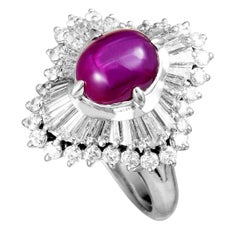 Platinum Round and Tapered Baguette Diamonds and Ruby Ring