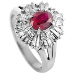 Platinum Round and Tapered Baguette Diamonds and Ruby Ring