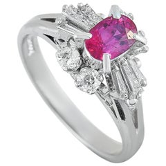 Platinum Round and Tapered Baguette Diamonds and Ruby Ring