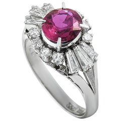 Platinum Round and Tapered Baguette Diamonds and Ruby Ring