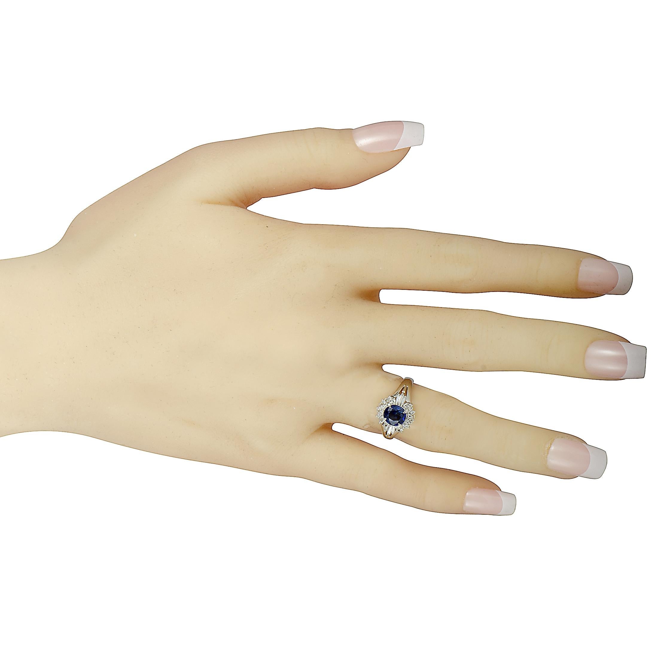 Women's Platinum Round and Tapered Baguette Diamonds and Sapphire Ring