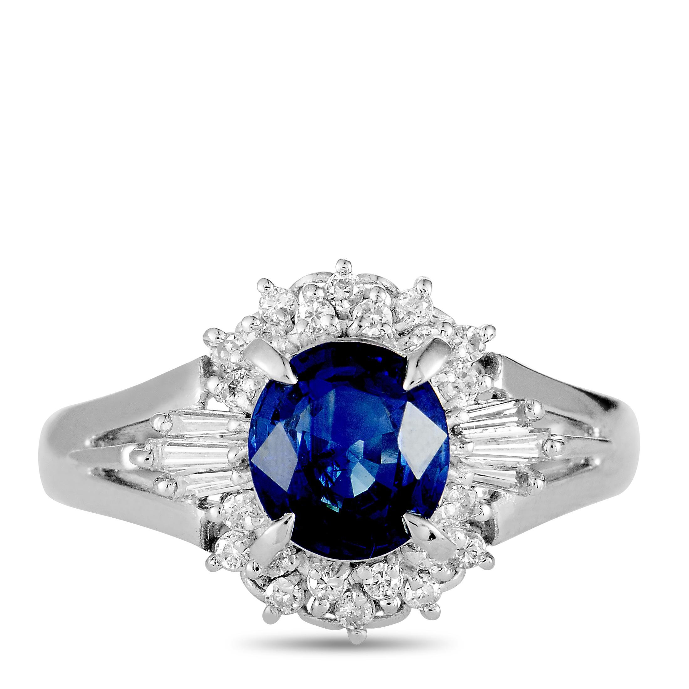 Platinum Round and Tapered Baguette Diamonds and Sapphire Ring 1