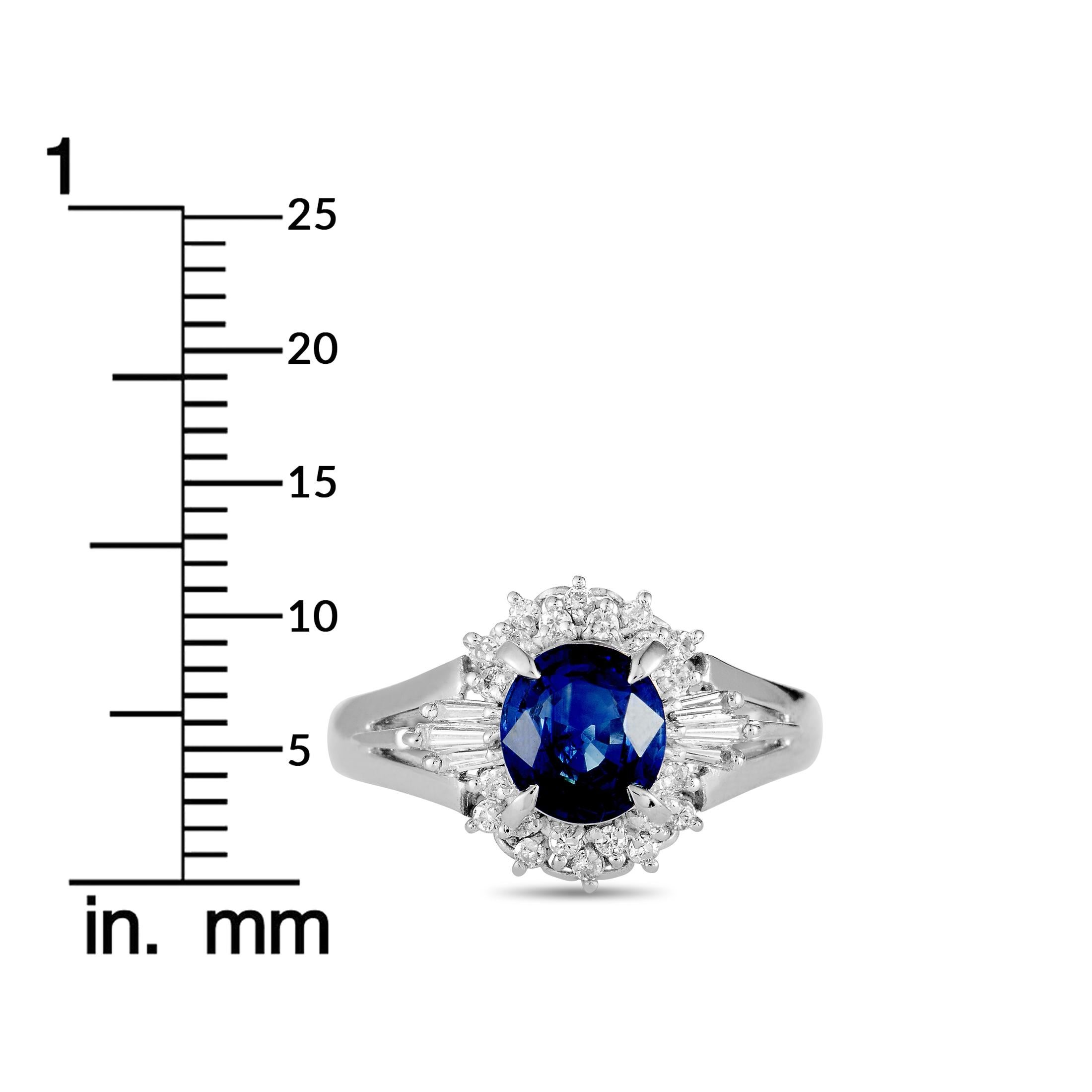 Platinum Round and Tapered Baguette Diamonds and Sapphire Ring 2