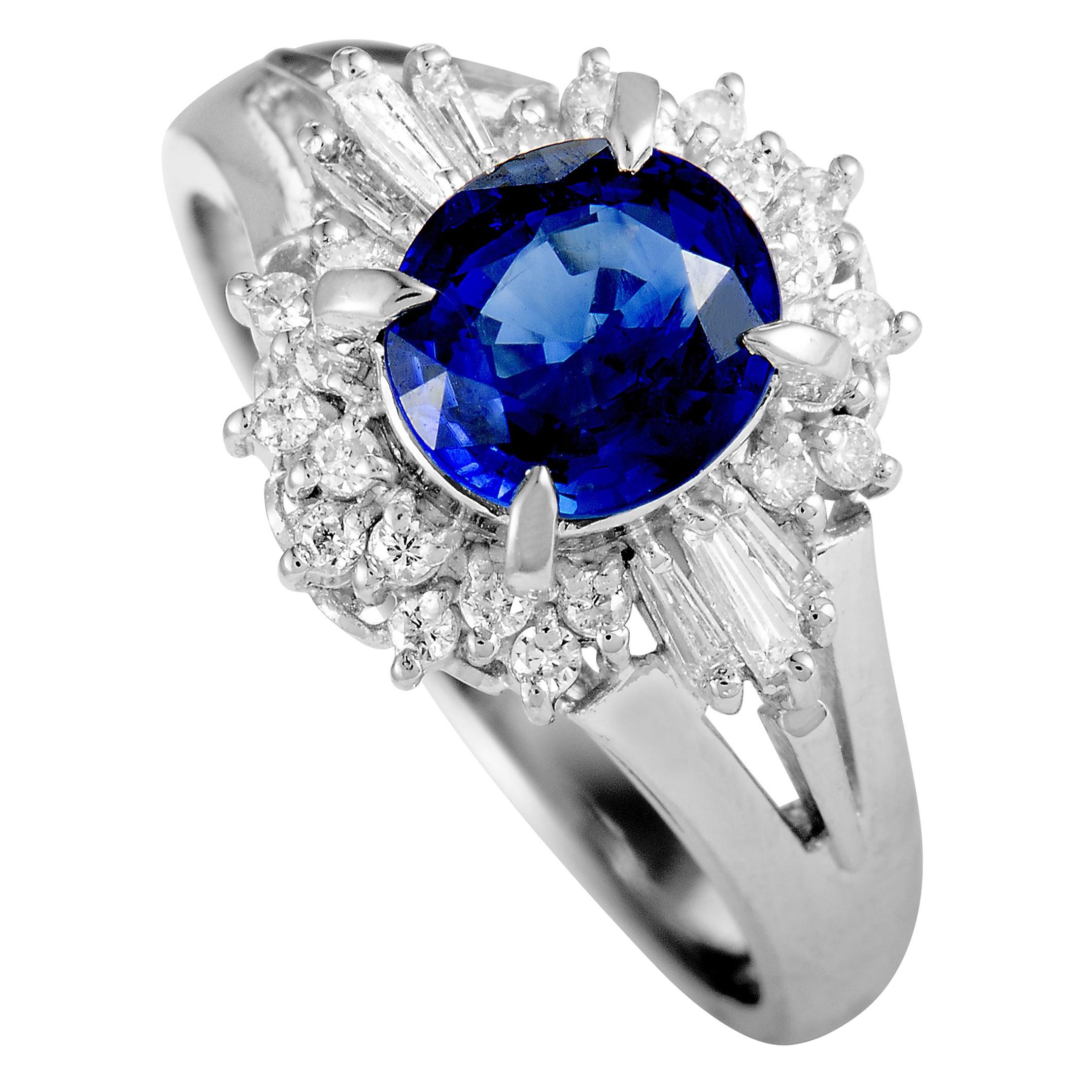 Platinum Round and Tapered Baguette Diamonds and Sapphire Ring