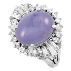 Platinum Round and Tapered Baguette Diamonds and Sapphire Ring