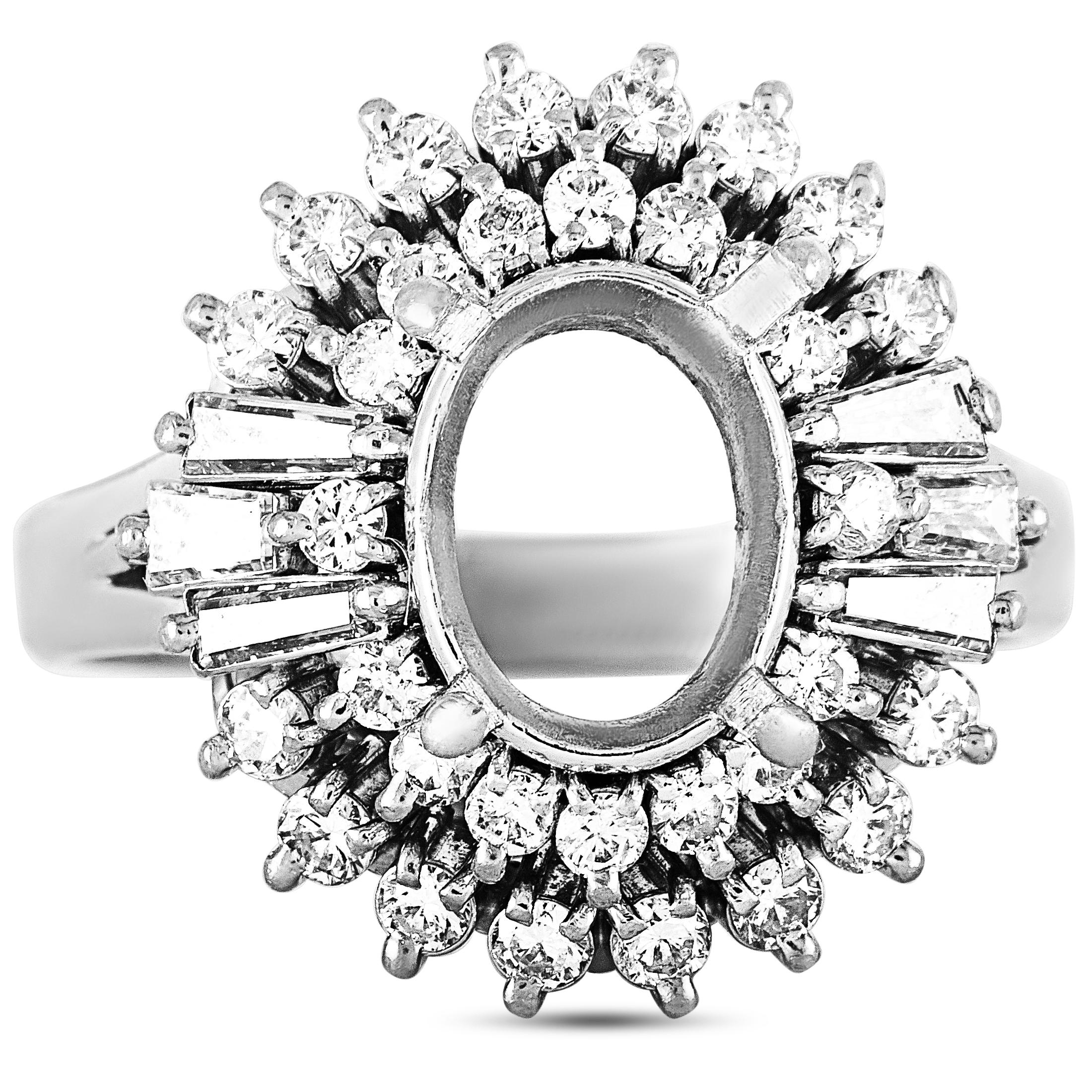 Platinum Round and Tapered Baguette Diamonds Oval Mounting Ring 1
