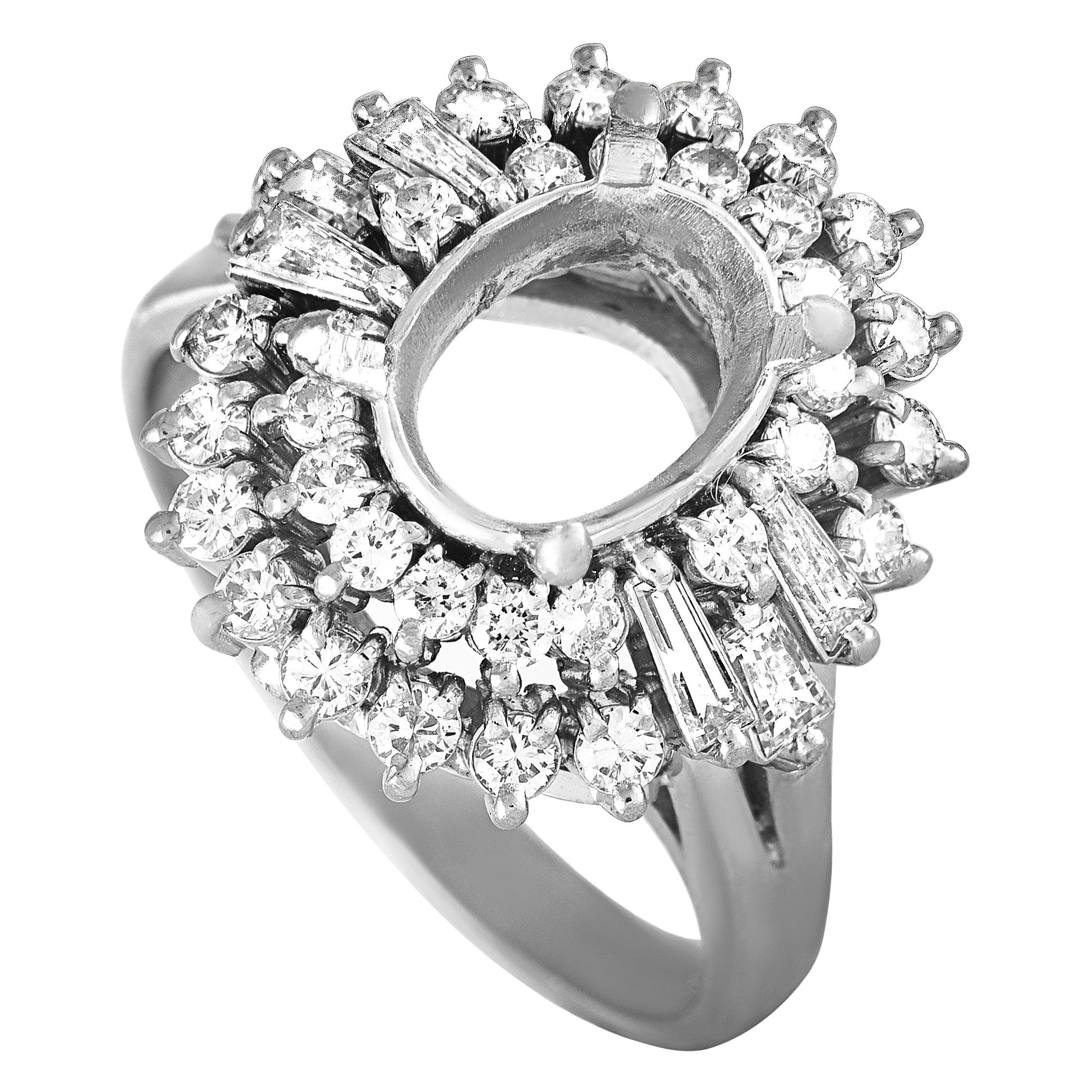 Platinum Round and Tapered Baguette Diamonds Oval Mounting Ring