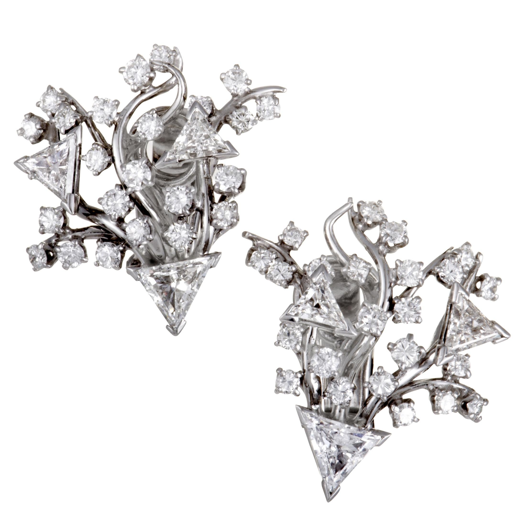 Platinum Round and Triangle Diamonds Huggie Clip-On Earrings