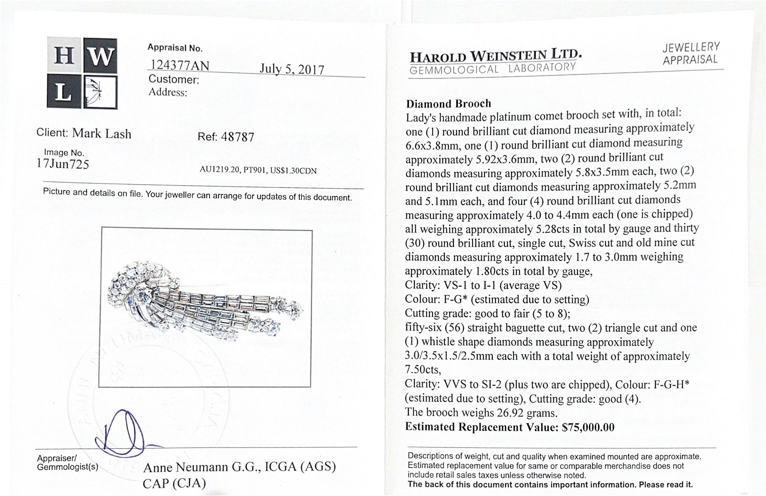 Platinum Round & Baguette Diamond Comet Brooch For Sale 3